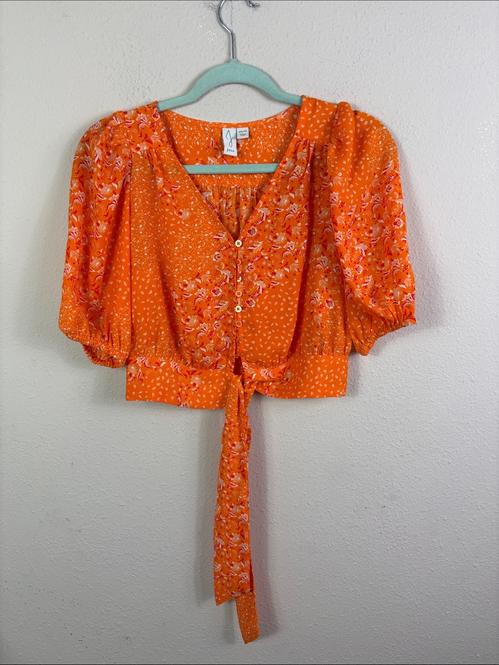 Joie Orange Floral Cropped Top Tie / Button Front size XS - Picture 2 of 9
